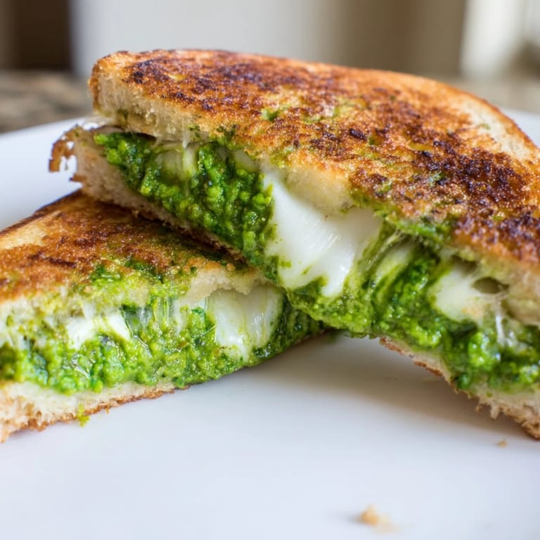 Two halves of a Spring Pea Pesto Grilled Cheese, cut diagonally to reveal the vibrant green pesto and melting cheese inside.