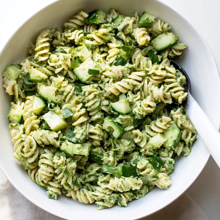 A vibrant green goddess pasta salad served in a white bowl, garnished with extra chopped parsley and chives for a refreshing lunch.