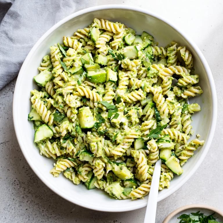 Bright, creamy, and herb-packed pasta salad with tender fusilli, diced cucumbers, and a luscious avocado-yogurt dressing, perfect for a light meal.