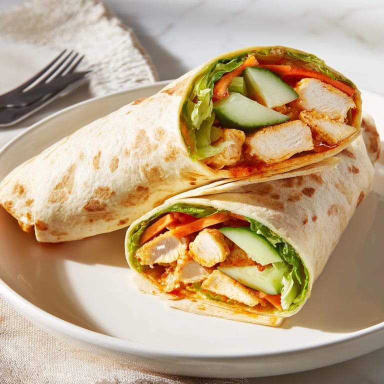 A close-up of a sliced Honey Chili Crunch Chicken Wrap revealing juicy chicken and vibrant shredded carrots, served on a wooden cutting board.