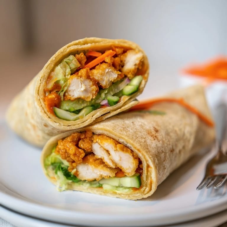 A vibrant Honey Chili Crunch Chicken Wrap halved to show the fresh lettuce and cucumber inside, with a drizzle of extra sauce on the plate.