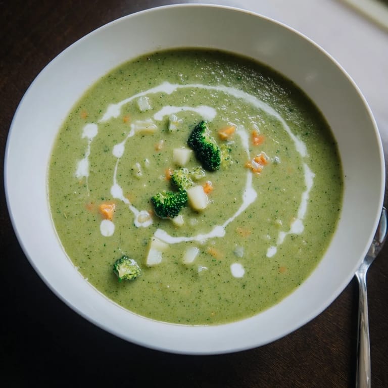 Vibrant green Creamy Broccoli Soup swirled with cream, served hot for a comforting meal