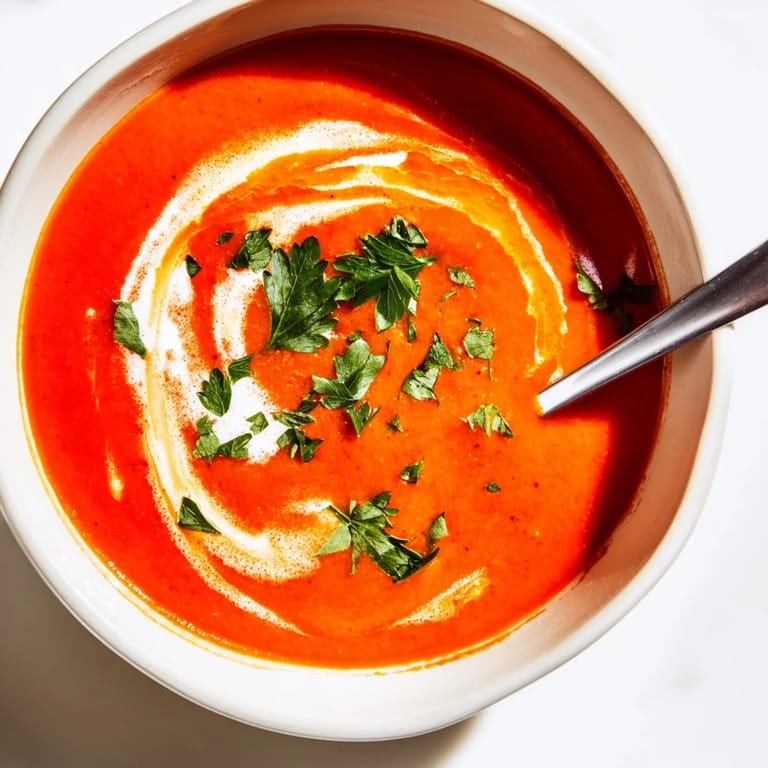 Close-up of vibrant roasted red pepper soup topped with fresh herbs beside a slice of bread.