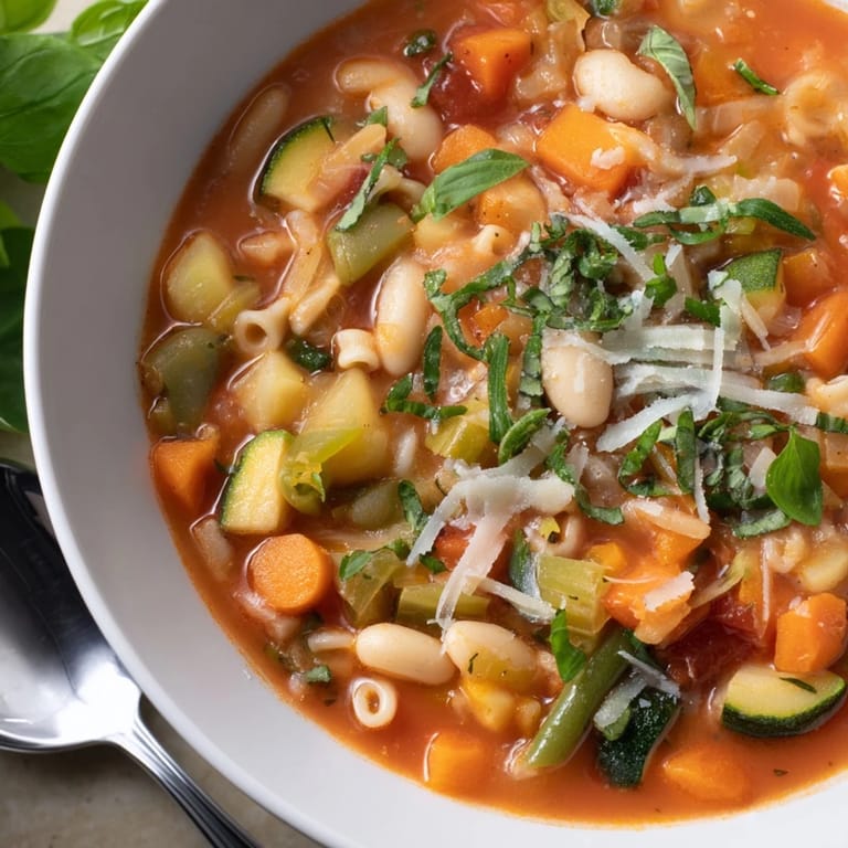 Minestrone Vegetable Soup in a colorful pot, brimming with seasonal vegetables, beans, and pasta, ready to be ladled into warm bowls.