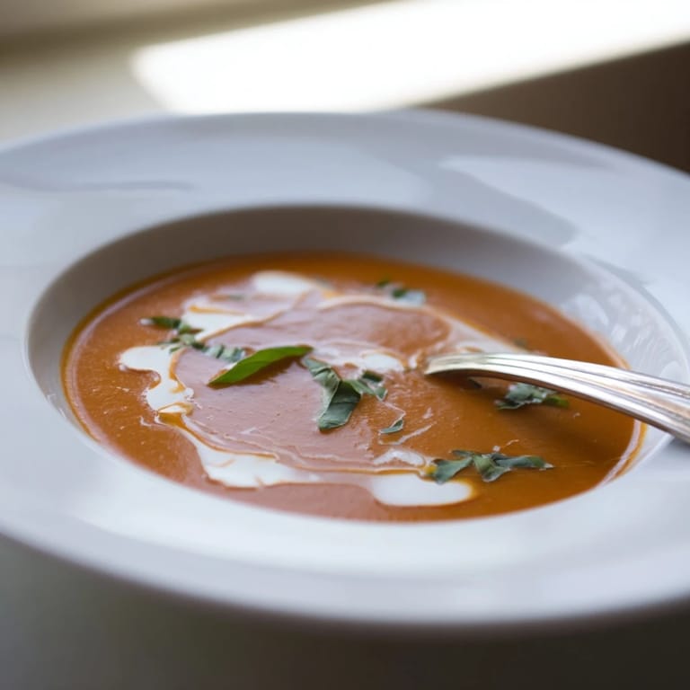 Steaming bowl of homemade Italian tomato and basil soup, bright red and garnished with olive oil.