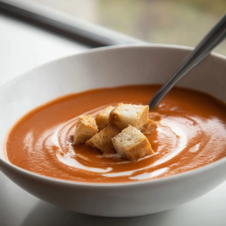 Vibrant roasted tomato soup topped with crunchy croutons, perfect for a cozy dinner.
