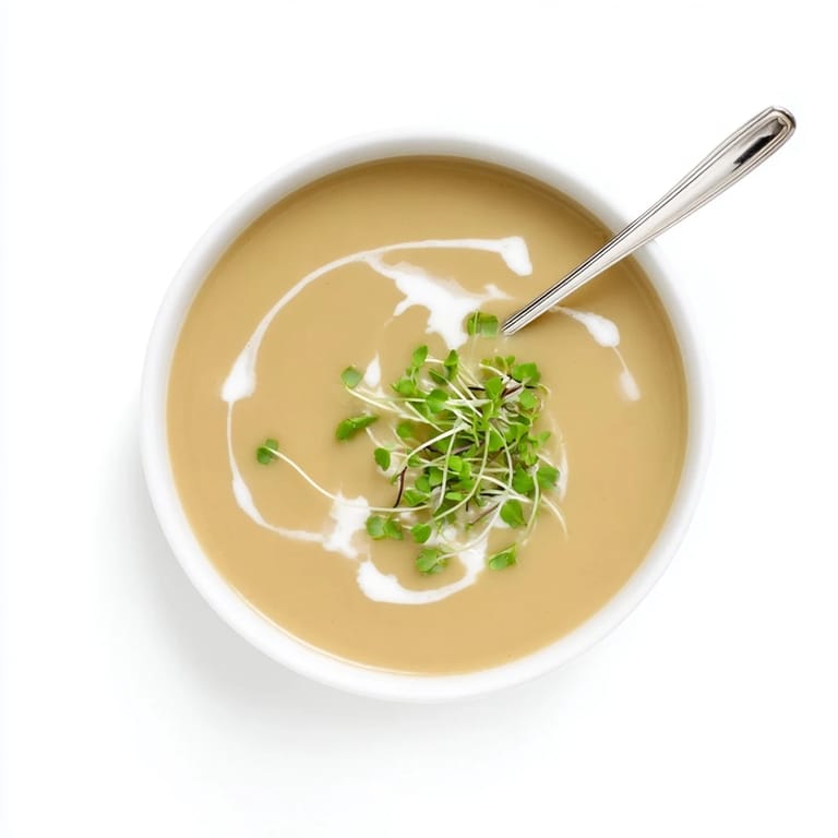 Vibrant green chives top this creamy, velvety Celery Root Bisque served in a rustic white bowl.