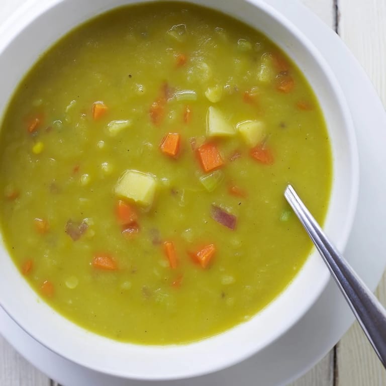 Overhead view of Split Pea Soup in a white ceramic bowl, garnished with a bay leaf and black pepper, showcasing its thick, comforting consistency.