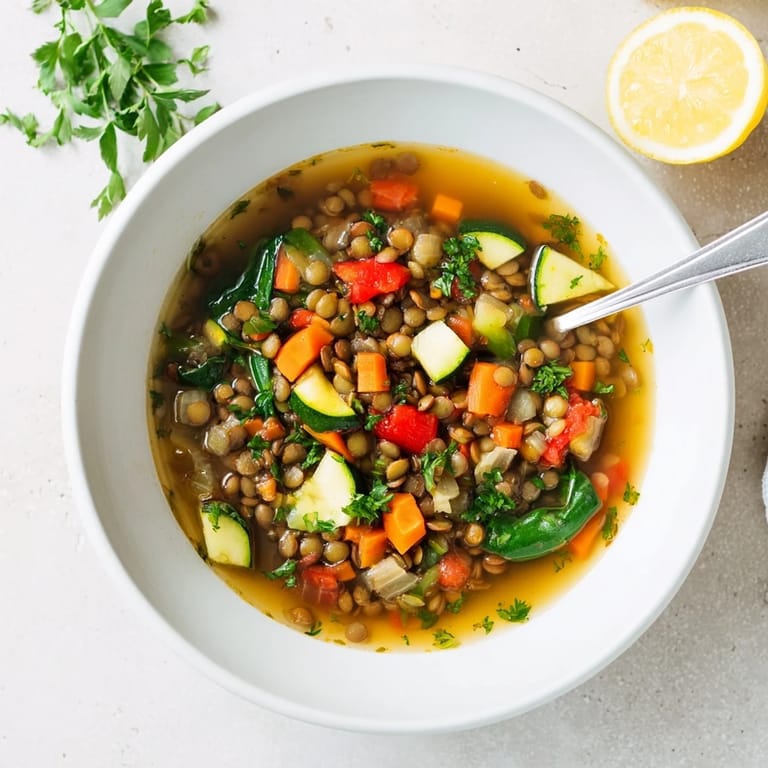 Close-up view of hearty Lentil and Vegetable Soup in a rustic pot, featuring simmering vegetables and aromatic spices for a comforting, nourishing meal.