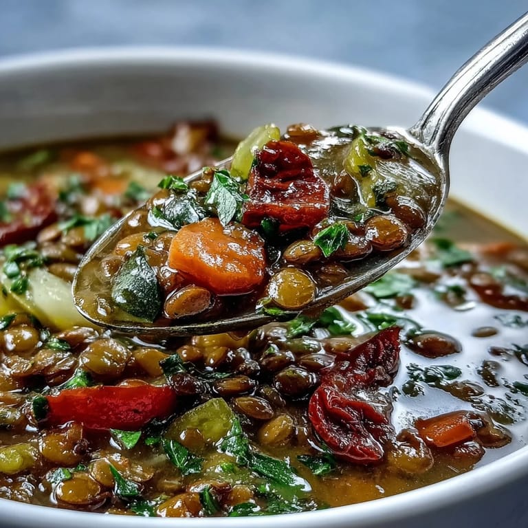 Hearty Lentil and Vegetable Soup in a rustic mug with roasted vegetables and a lemon wedge.