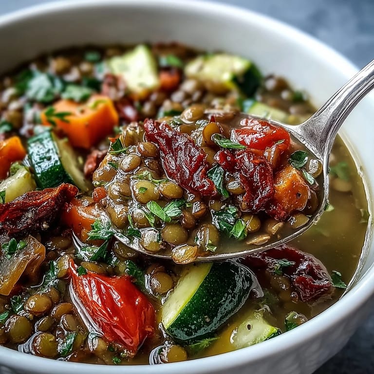 Dinner table with bowls of Lentil and Vegetable Soup and crusty bread for dipping.