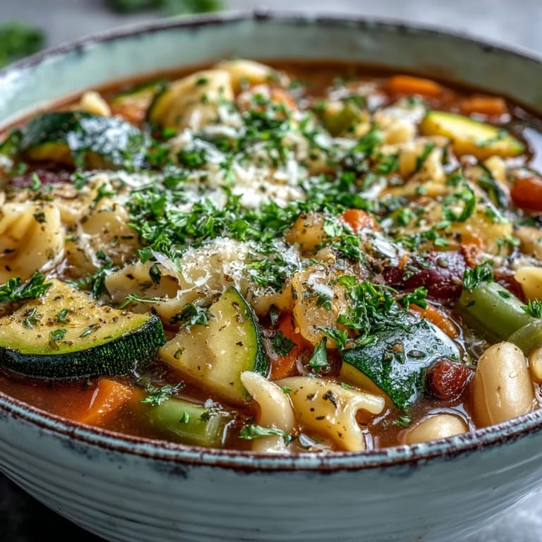 Minestrone Vegetable Soup simmering in a large pot, showcasing colorful diced vegetables, tomatoes, and fresh herbs.