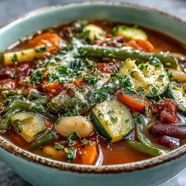 Hearty Minestrone Vegetable Soup ladle lifted from the pot, revealing rich broth, greens, and perfectly cooked pasta.