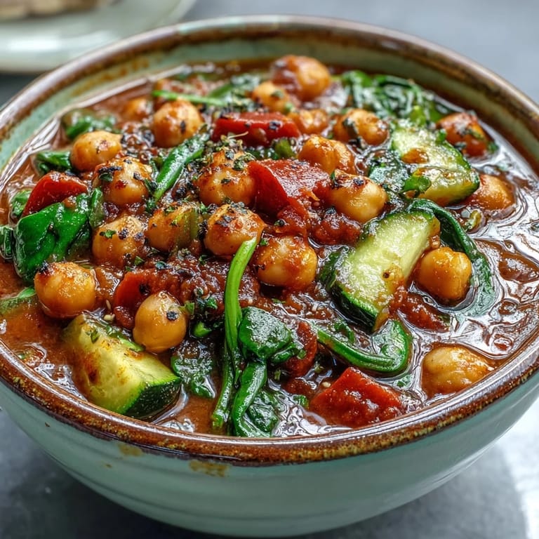 Steam rises from a bowl of Chickpea Stew garnished with parsley and lemon wedges, placed beside crusty bread.