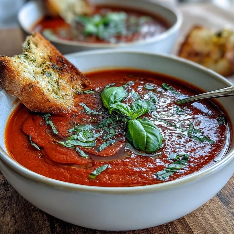 Tomato and Basil Soup simmered in a pot with vibrant red tomatoes and fresh basil leaves.