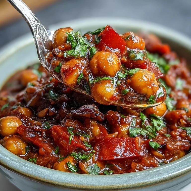 Overhead view of Spicy Chickpea Stew in a rustic bowl with crusty bread for dipping.