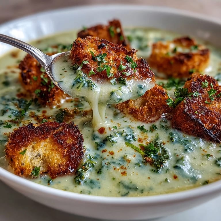 A bowl of hot Cauliflower and Broccoli Soup garnished with crunchy croutons, served beside a glass of white wine.