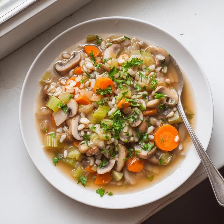 Rustic mushroom and barley soup served in a ceramic bowl, with a spoon resting beside it, highlighting the earthy, comforting texture and fresh parsley garnish.
