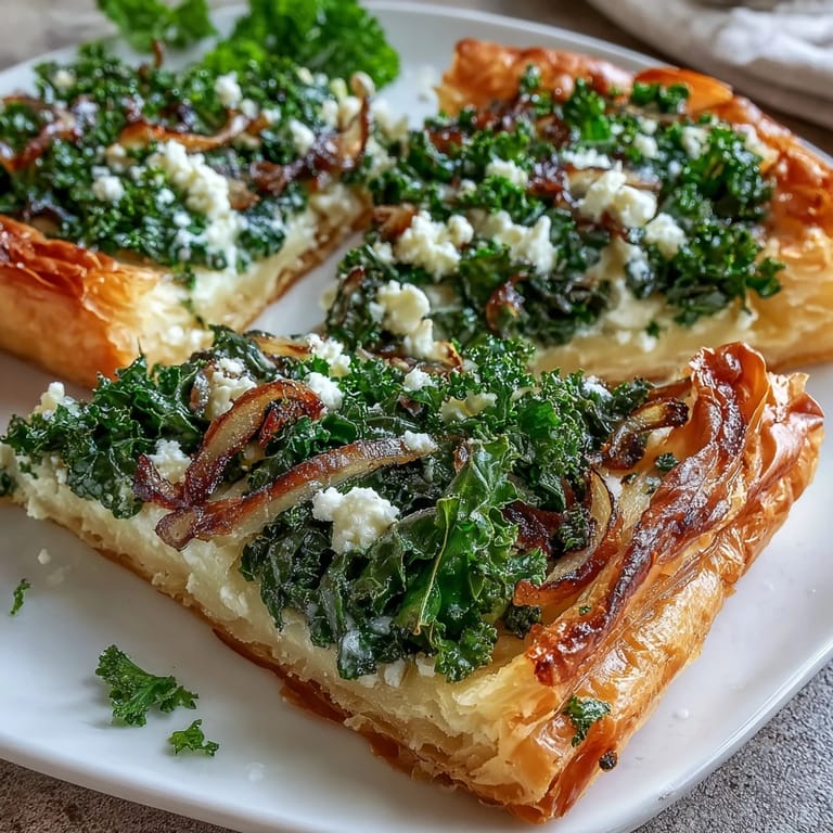 A close-up of baked Feta and Kale Börek reveals a savory, cheesy interior next to fresh salad.