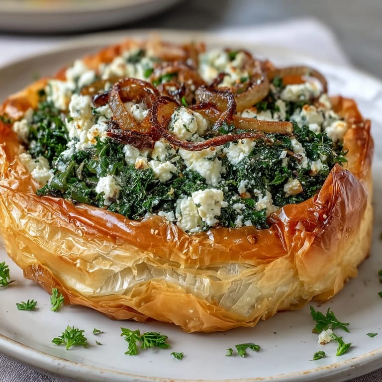 Freshly baked Feta and Kale Börek rests on a rustic wooden board, ready to serve.