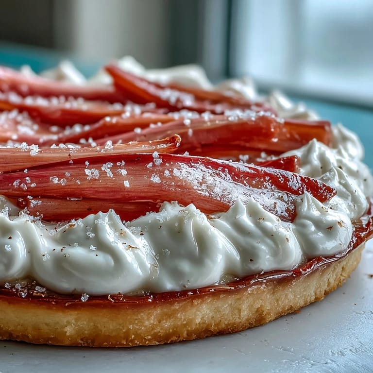 A slice of the white chocolate and elderflower tart reveals a crisp crust and tangy roasted rhubarb topping, ready to serve. 