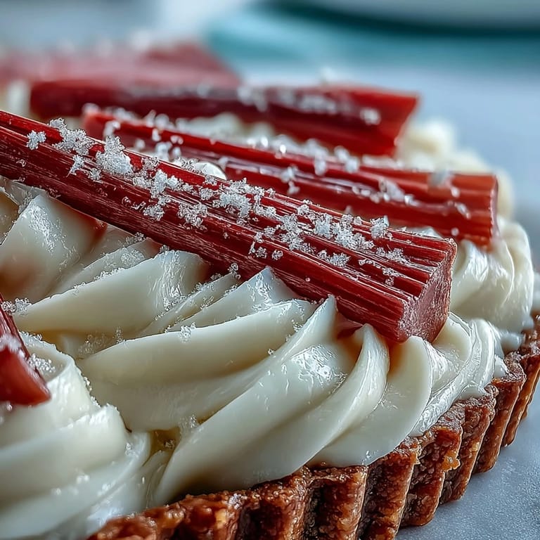 Close-up texture view showing the smooth white chocolate custard filling and vibrant pink rhubarb in the tart.