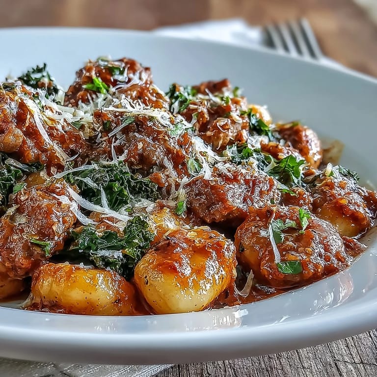 Hearty bowl of Sausage Gnocchi served steaming hot, featuring tender dumplings and a robust tomato base.