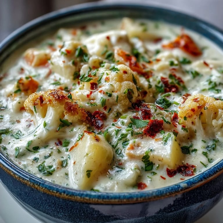 A close-up of vegetarian cauliflower chowder featuring smooth, creamy texture, chopped celery, and a sprinkle of paprika for warmth.