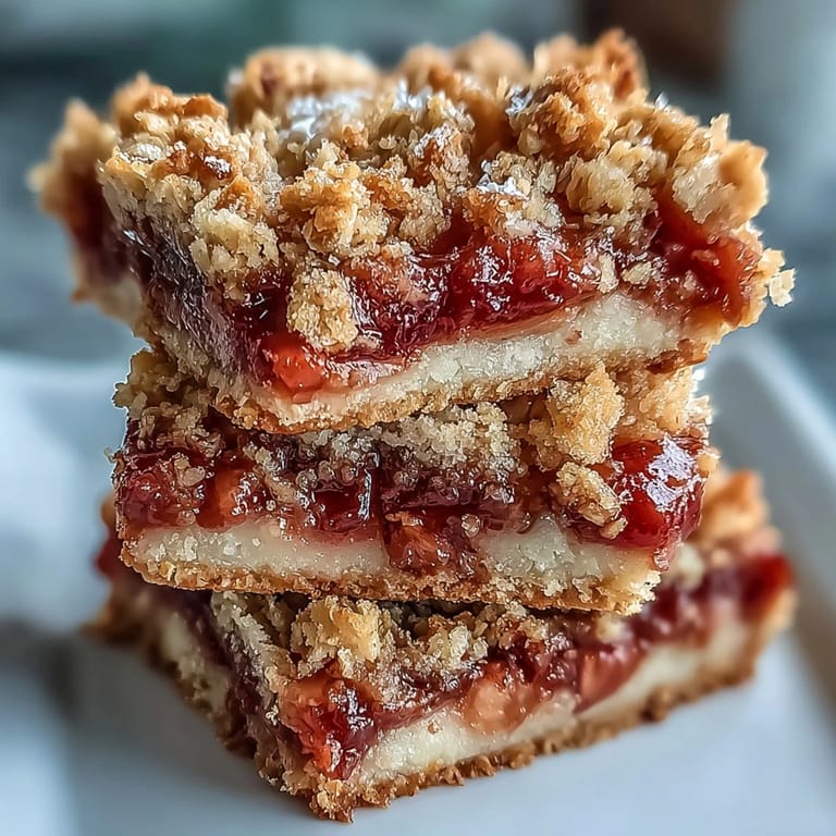 Freshly cut Rhubarb and Custard Crumble Bars reveal ruby-red rhubarb ribbons nestled in smooth custard, perfect for an afternoon tea dessert on a sunny patio.