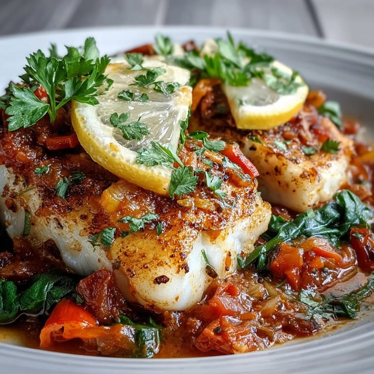 Spiced Cod One Pot stew in a rustic skillet, garnished with cilantro and served alongside lemon wedges on a wooden table.