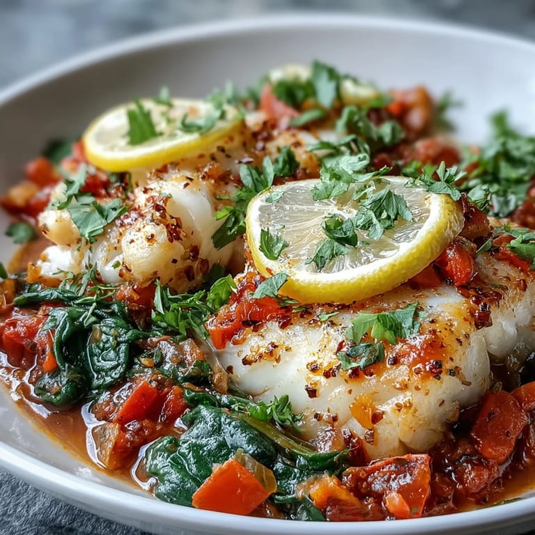 Spiced Cod One Pot recipe steaming on the stove, with spinach wilted into a rich, aromatic broth and colorful vegetables.