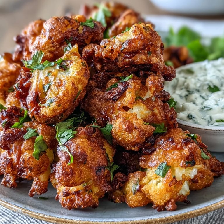 Close-up view of Cauliflower Bhajis highlighting the crunchy chickpea flour batter and tender cauliflower, served with a lemony mint yogurt sauce.