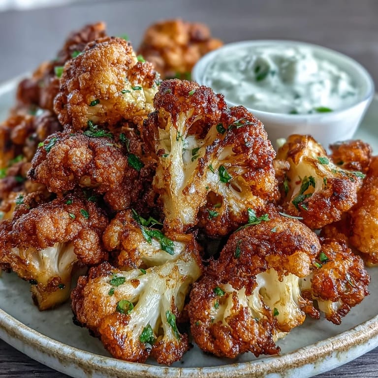 Crispy, spiced Cauliflower Bhajis arranged on a rustic plate with a bowl of cool yogurt dip, perfect for a gluten-free appetizer.