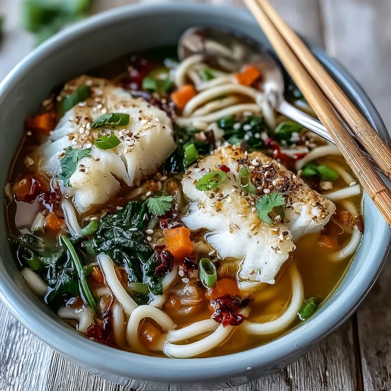 Steaming Poached Cod With Spiced Coconut Broth and Udon Noodles with baby spinach and shiitake mushrooms.