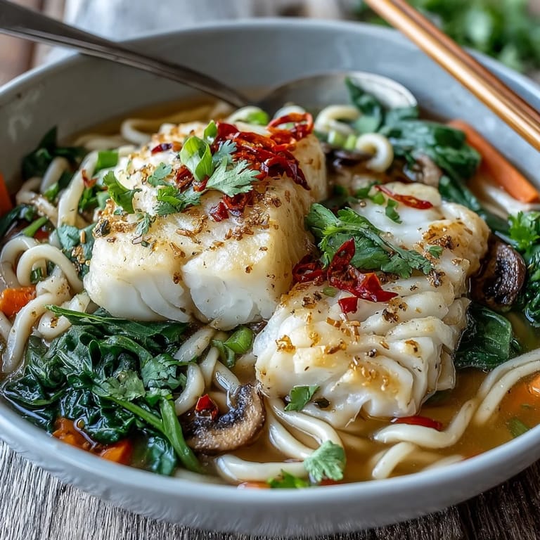 Garnished bowl of Poached Cod With Spiced Coconut Broth and Udon Noodles topped with scallions and lime.