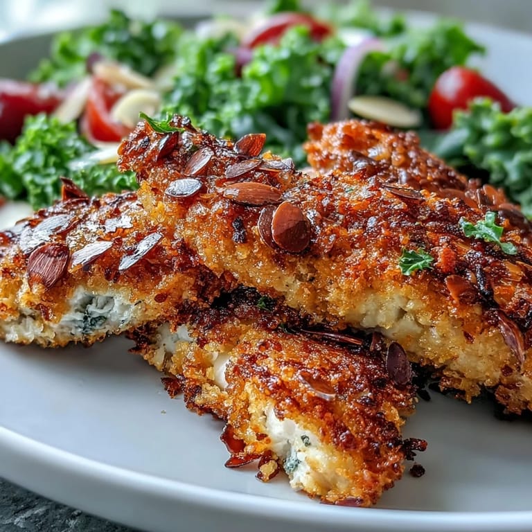 Fresh marinated kale and sumac salad topped with toasted almonds complements the crunchy almond-crusted chicken.