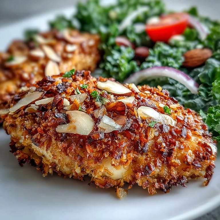 Juicy almond-crusted chicken served warm over a bed of lemony marinated kale and sumac salad.