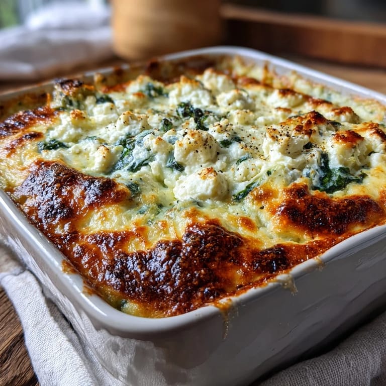 Creamy High Protein Spinach Artichoke Bake with vibrant green spinach and artichoke chunks, ready for a healthy dinner.