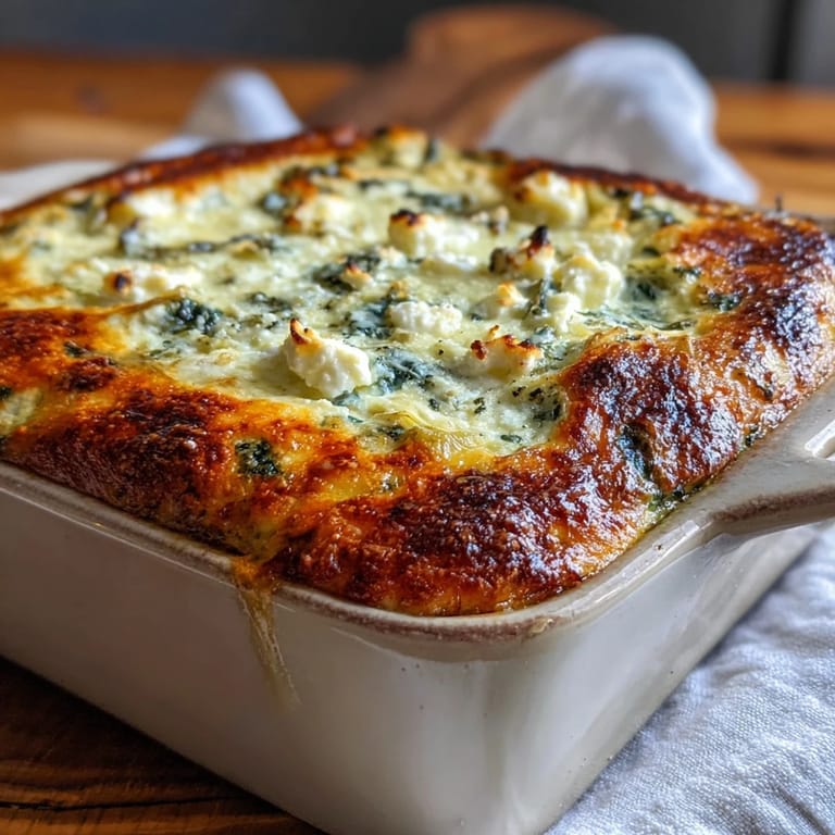 Spoon lifting a creamy serving of High Protein Spinach Artichoke Bake from a rustic baking dish, showing a golden top.