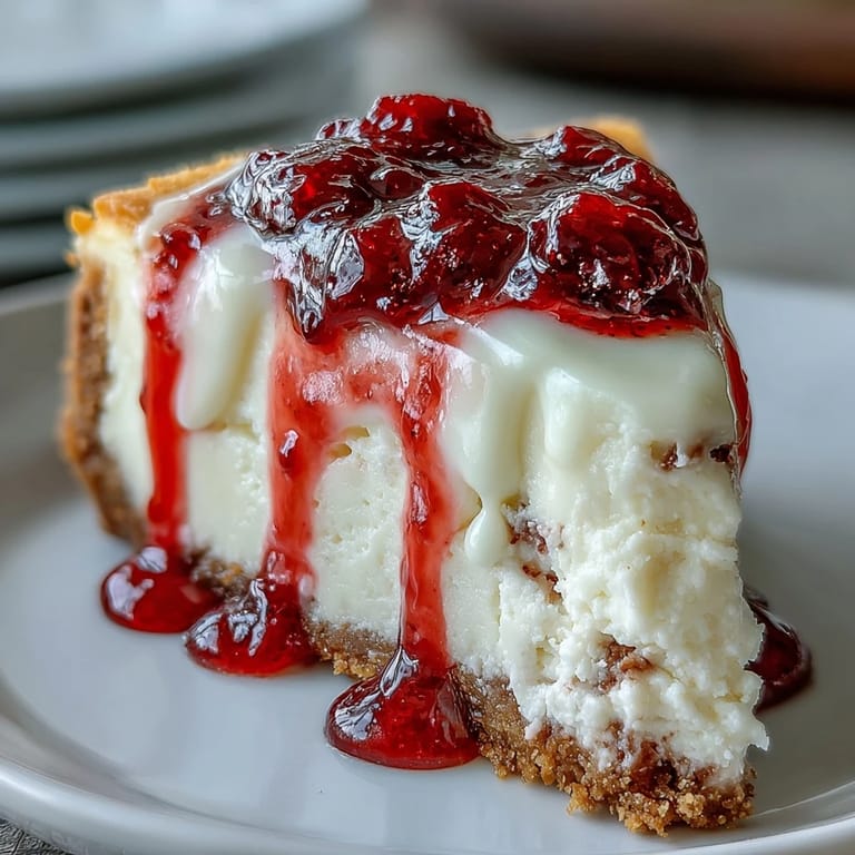 Decadent white chocolate raspberry cheesecake baked in springform pan with graham cracker crust.