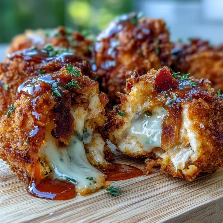 Spicy chicken bites with melty mozzarella centers and crispy bacon crumbles on a rustic wooden board.
