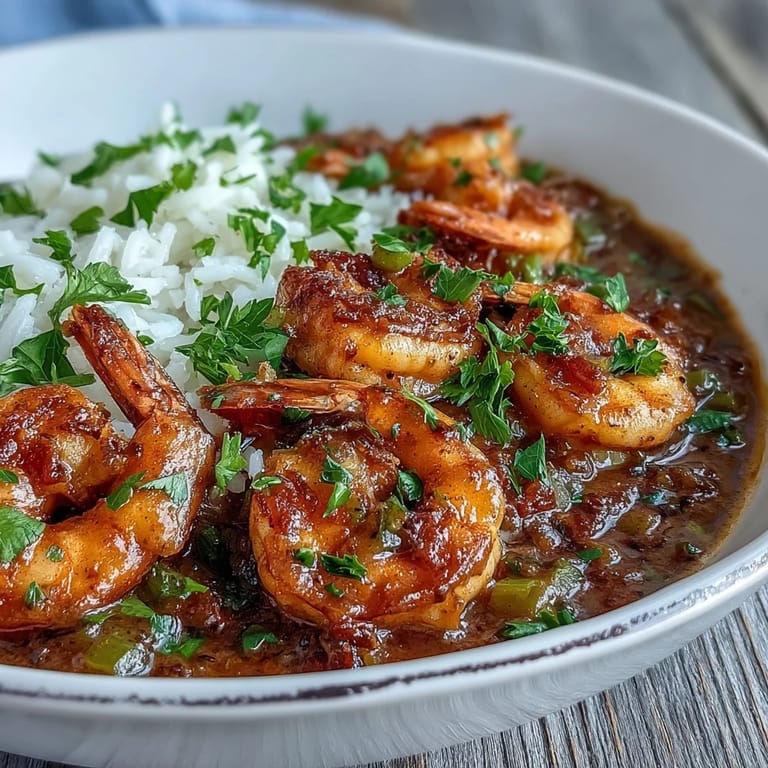A spoon lifts saucy Classic New Orleans Étouffée from a bowl, garnished with green onions and parsley.