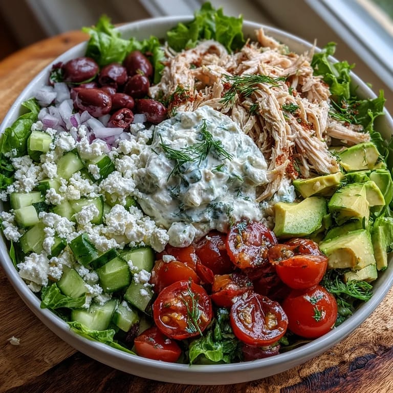 A chilled bowl of Tzatziki Chicken Salad with creamy sauce, cucumbers, and feta cheese. 