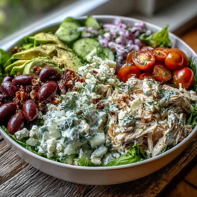 Healthy Tzatziki Chicken Salad served over spinach with cherry tomatoes and avocado slices.