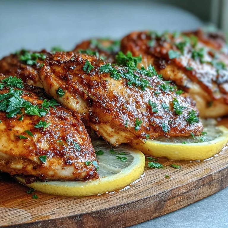 Tender Oven Baked Chicken Breast seasoned with paprika and herbs on a rustic wooden cutting board.