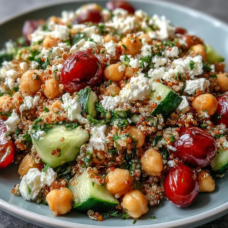 Spoon-ready High Protein Quinoa & Chickpea Salad with chickpeas, cherry tomatoes, and cucumber, perfect for a healthy gathering.