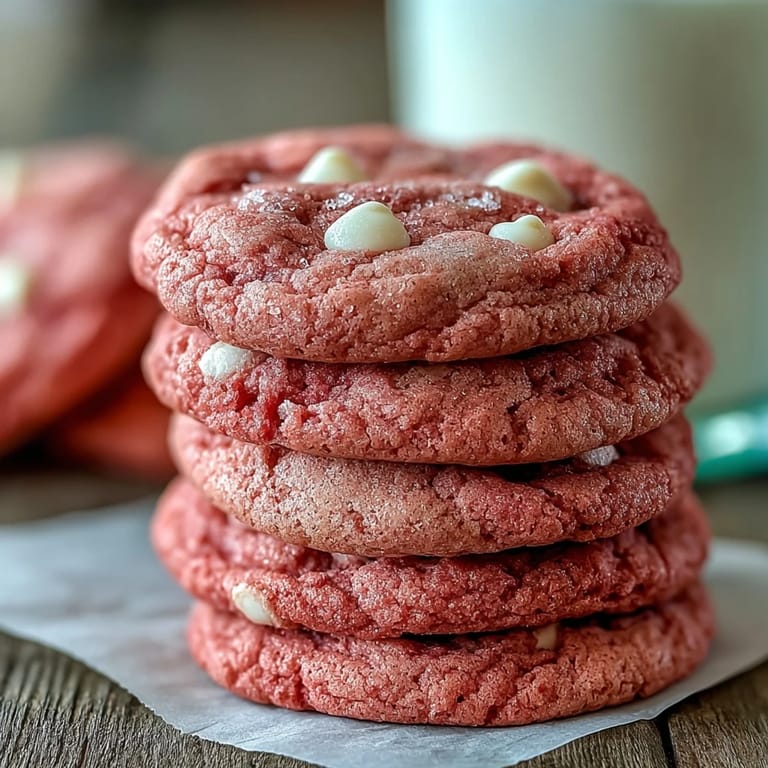 Vibrant Pink Velvet Cookies with melty white chocolate chips stacked on a marble counter.