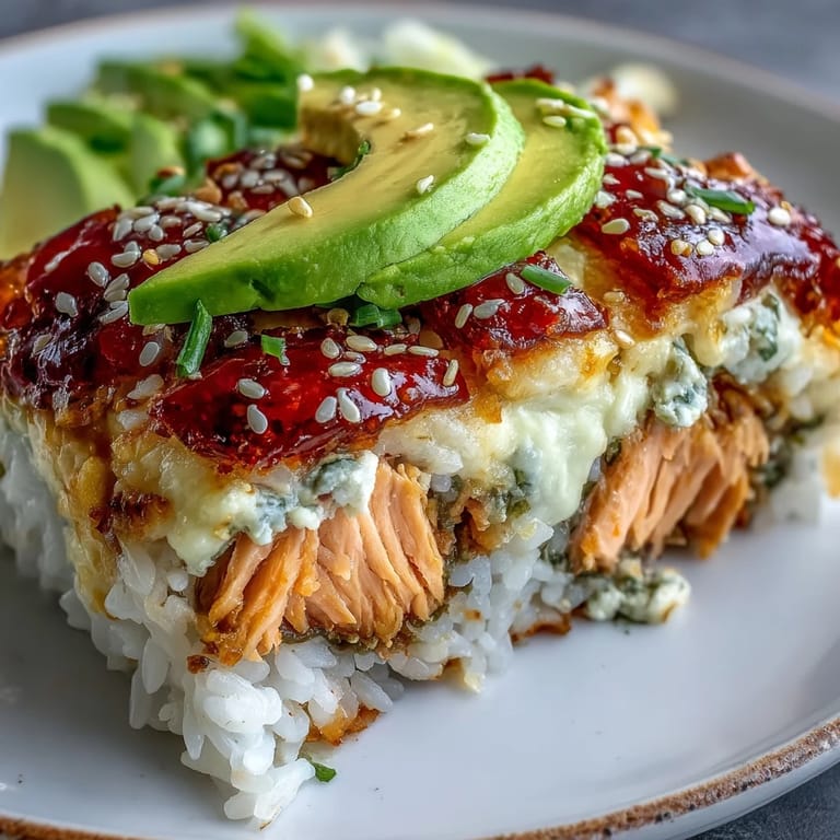 Serving a warm Spicy Salmon Sushi Bake in nori cups with avocado, sesame seeds, and spicy drizzle.