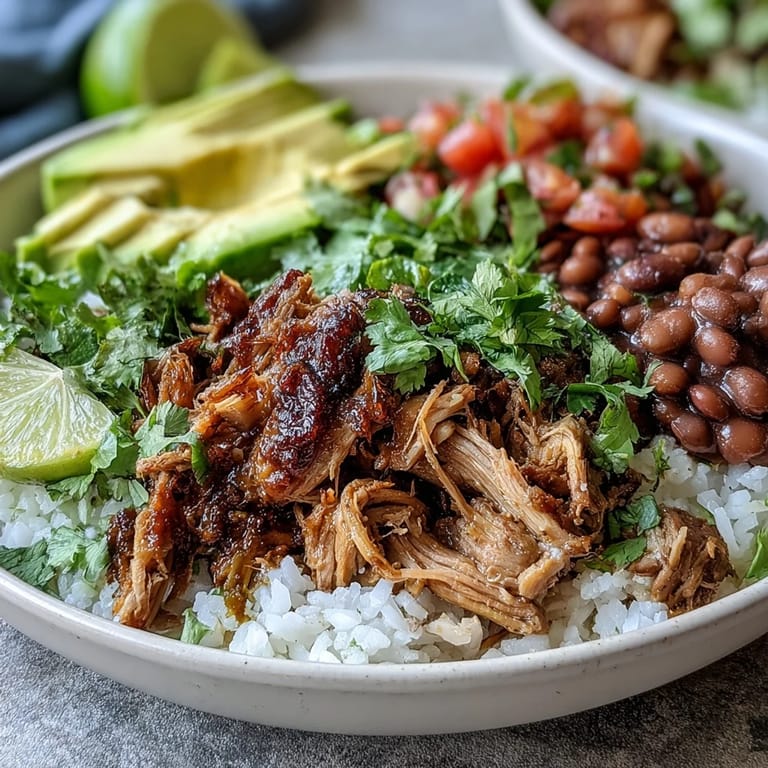 Bright pico de gallo and creamy avocado slices garnish this hearty Mexican-inspired dinner bowl.
