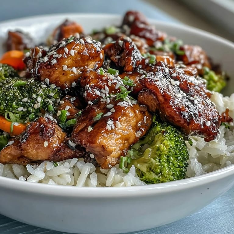A close-up of sticky honey garlic sauce coating golden chicken, sprinkled with sesame seeds and sliced green onions.